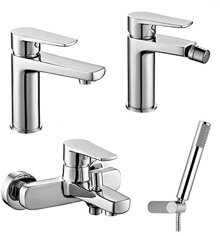 Set miscelatori rubinetteria bagno lavabo bidet e vasca da bagno con doccetta, completo di accessori, in ottone cromato, Erika (Set lavabo bidet vasca con doccetta)