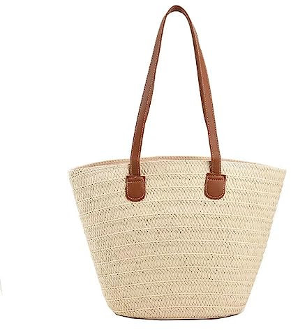 YXQSED Straw Bags Summer Beach Tote Bag for Women 18inch Large Capacity Scalloped Straw Tote Bag with Zipper Beach Handbags Woven Shoulder Bag for Travel