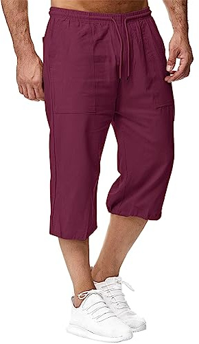 Sprifloral Mens Linen Shorts 3/4 Length Pants Summer Trousers Beach Yoga Joggers Casual Sweatpants Red 4XL