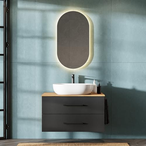 Planetmöbel LUX Badmöbel Set Waschbecken mit Unterschrank 90 cm, Aufsatz-Waschbecken 60 cm weiß, Spiegel 50 cm (ohne LED), Waschbeckenunterschrank Gold Eiche/Anthrazit
