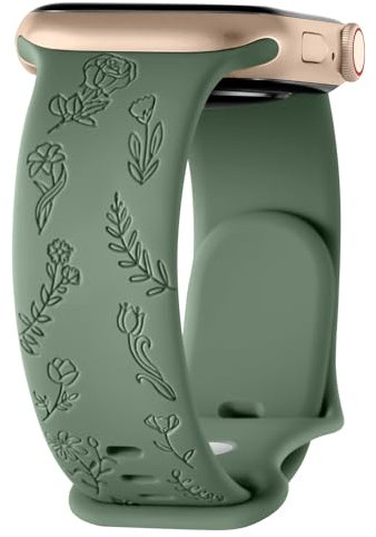 Flower Engraved Strap for Apple Watch Strap 42mm 44mm 45mm 46mm 49mm, Silicone Sport Band for iWatch Series 10 9 8 7 6 5 4 3 2 1 SE, Women Men (Oliver green,49mm/46mm/45mm/44mm/42mm(Series 3 2 1))