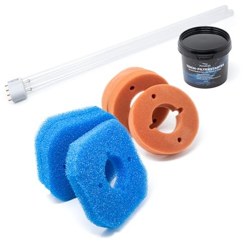 VIALIA Wartungspaket für Oase FiltoClear 6000, Ersatzteil Set, 3X Blaue und 3X rote Filterschwämme, Filterstarter, 11W UVC-Lampe gegen Keime und Algen
