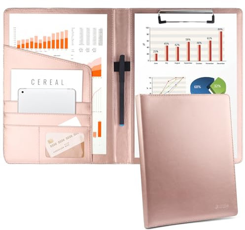 Artmitz Porte-bloc A4 en cuir synthétique pour le travail, l'écriture et les réunions, avec papier A4 et stylo (Nouveau Rose Gold)