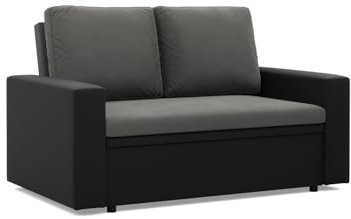 Mebligo - Zweisitzer Sofa Wohnzimmer mit Schlaffunktion, Bettkasten und Kunsteleder 148x90x87 (BxHxT) Grau und Schwarz Luna, Schlafsofa Platzsparend, Schlafcouch, Sofabett, Sofa Bed, Bettsofa
