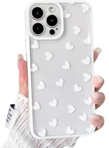 NITITOP Compatible with iPhone 13 Pro Case Cute Clear White Durable Love Heart Pattern for Girls Women Soft TPU Transparent Colourful Frame Full Camera Lens Shockproof Protective Cover - White