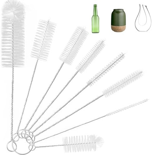 Small Bottle Brush Set, Nylon Straw Cleaner Pipe Brushes for Washing Narrow Neck Water Bottles Jars Teapot Spout (8 set,White)