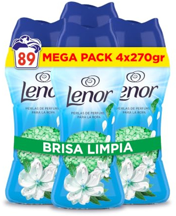 Lenor Perlas De Perfume para la Ropa, 89 Lavados (4 x 270g), Brisa Marina Y Jazmín, Edición Limitada Costa Mediterránea, Frescor Ininterrumpido Hasta 12 Semanas