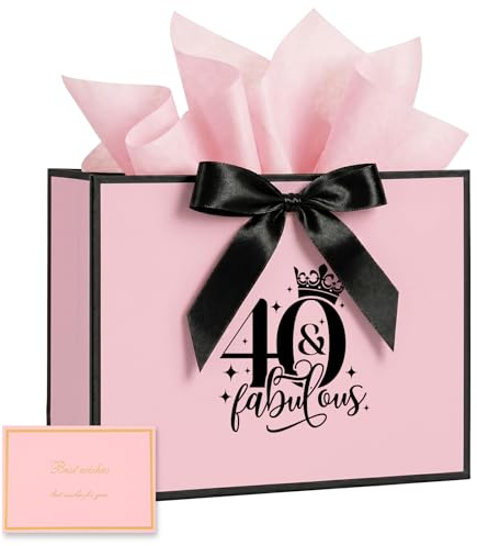 40th Birthday Gift Bag with Tissue Paper and Card, 40th Birthday Party Gifts Bag for Women and Men, Medium Gift Bags for Birthdays Party, Anniversary, Presents (Pink)