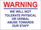 Indigos UG Aufkleber We Will Not Tolerate Abuse Towards Our Staff, Shop Warning, Safety Zeichen 30x20 cm - KP-333