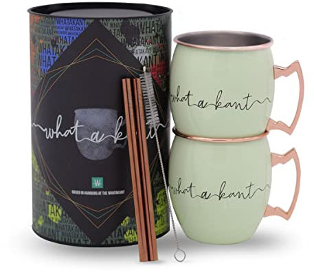 Whatakant - Moscow Mule Becher Set - 2er Großschot in Mintgrün - 550 ml nachhaltige Kupferbecher und gerade Kupferstrohhalme in Geschenkverpackung - wiederverwendbares plastikfreies Bar Cocktail Set