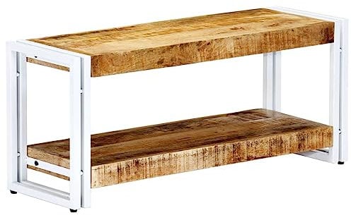 vidaXL Solid Mango Wood TV Cabinet with Iron Legs - Brown Industrial Styled Media Stand with Shelving