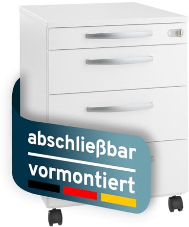 Rollcontainer mit Schubladen abschließbar, Büroschrank mit Rollen, Schreibtisch Schrank, Schubladenschrank 60 cm hoch, Rollcontainer weiß, Schubladenelement, Schreibtisch Container Metall