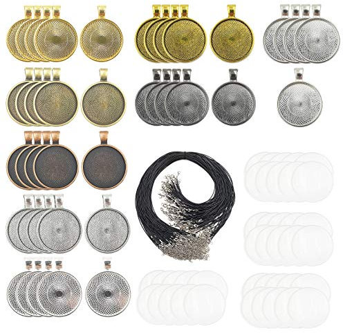 DUGYIRS Anhänger Tabletts Set 40 Stück Runde Leere Lünette Anhänger Tabletts 40 Stück Glas Cabochon Kuppelfliesen 40 Stück Gewachste Halskette Schnur für Schmuck Foto Anhänger Handwerk Herstellung