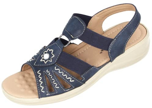 Cushion Walk Ladies Faux Leather Open Toe T Bar Sling Back Lightweight Elastic Strappy Gladiator Summer Sandals Size 3-8 (5 UK, Navy, numeric_5)