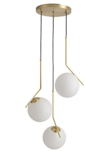 HJXDtech Moderne weiße Glaskugel Pendelleuchte, Gold Metall Loft Bar Hängelampe Küche Wohn- & Esszimmer Kronleuchter Deckenleuchte (3-Lichter)