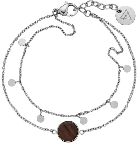 Kerbholz Holzschmuck – Geometrics Collection Circle Double Bracelet, filigranes und doppelreihiges Frauen Armband mit Kreis Anhänger aus Naturholz, größenverstellbar (15 cm + 2,5 cm) (silber)
