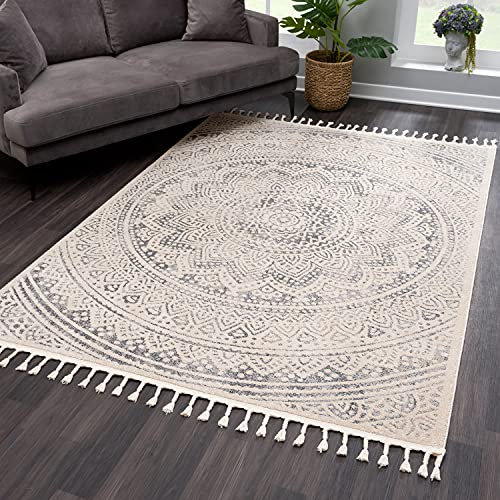 payé Teppich Wohnzimmer Mandala mit Fransen Deko Boho - Beige Grau - 160x230cm - Kurzflor Schlafzimmer Flur Dekoration Läufer - Orientalische Teppiche