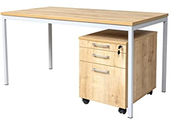 furni24 Schreibtisch und Rollcontainer, rechteckiger Schreibtisch mit Metalluntergestell Höhenausgleichsniveauschrauben, Schreibtisch fürs Heim und Büro, Computertisch, Eiche 180x80x75cm