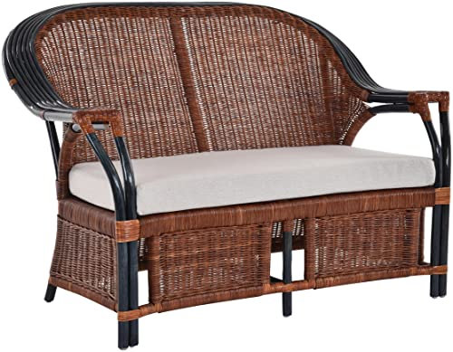 Krines Home Wintergarten Rattansofa Safari Rattan Sofa Zweisitzer Wohnzimmer Lounge Couch (Rost - Dunkelblau)