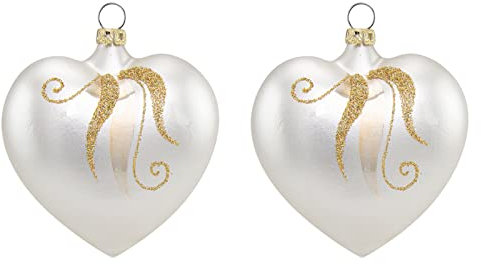 Thüringer Glasdesign Christbaumschmuck Herzen Champagner mit Goldener Glitterdeko, 2 Stück/Set, ca. 8 cm, Weihnachtsdeko