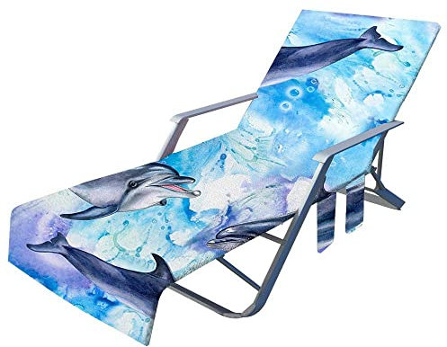 Highdi Sun Lounger Towels with Pockets, Beach Sunbed Towels, Beach Chair Cover Towel, Chaise Lounge Towel Cover, Lounger Mate Beach Towel for Garden Pool (75x210cm,Dolphin)