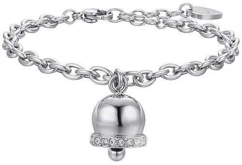 Luca Barra Damen-Armband aus Edelstahl mit Glocke und weißen Kristallen. Länge: 16 + 3 cm. Anhängerlänge: 15 mm. Die Referenz ist BK2323, 19 cm, Legierter Stahl