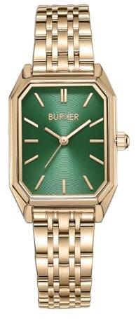 BURKER Damenuhr Isabell, Rechteckiger Damen Armbanduhr Gliederarmband Edelstahl Analog Quarz 3-ATM Wasserdicht - 28 mm - Gold Grün