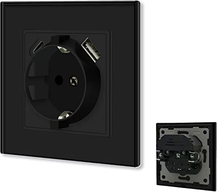 BSEED Enchufe de pared con puertos USB(tipo C y tipo A 2,1 A total),Negro Simple Schuko Enchufe con clips,16A 250V Enchufe de pared con 2 x cargadores USB y Tipo C adecuado para Smartphone MP3 Tablet