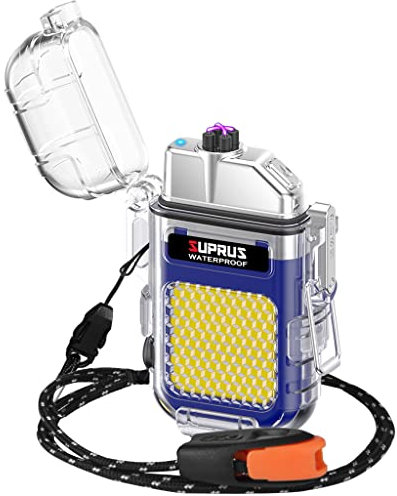 SUPRUS Waterproof Windproof Lighter Dual Arc Plasma Electric Lighters Rechargeable Lighter with Survival Emergency Whistle and Lanyard Blue
