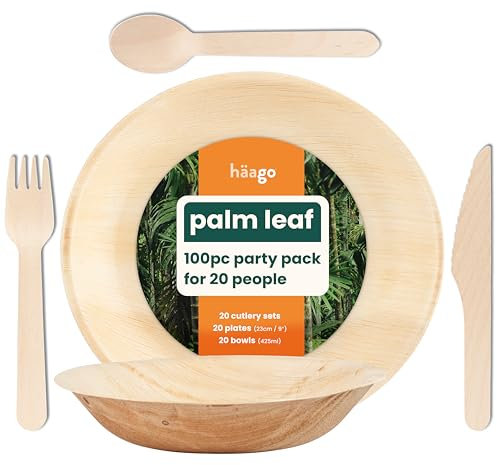 HAAGO 100 Pcs Vaisselle Jetable en Feuille de Palmier (20 Assiettes Rondes, 20 Bols Ronds, 20 Cuillères, 20 Fourchettes, 20 Couteaux) - 100% Naturel, Écologique, Biodégradable & Compostable