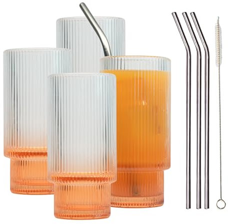 Smiths Mason Jars 4er-Pack gerippte 16-Unzen-Gläser mit Strohhalm, Glaswaren-Set – 285 ml Eiskaffeetassen, geriffelter Becher im Origami-Stil für Cocktails, Saft (Gelb)
