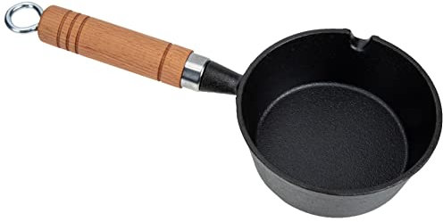 OQHAIR Soßentopf aus Gusseisen, Kleiner Stieltopf, Butterschmelztopf, Mini-Milchtopf mit Holzgriff, Ausgießer, Butterwärmer, Topf für Herdplatte, 13 cm, 16 x 13 cm