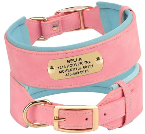 PET ARTIST Personalisierte PU-Leder Hundehalsband für mittlere große Hunde mit weich gepolstert Benutzerdefinierte gravierte Namensschild, Bequeme rosa Hundehalsband für Mädchen