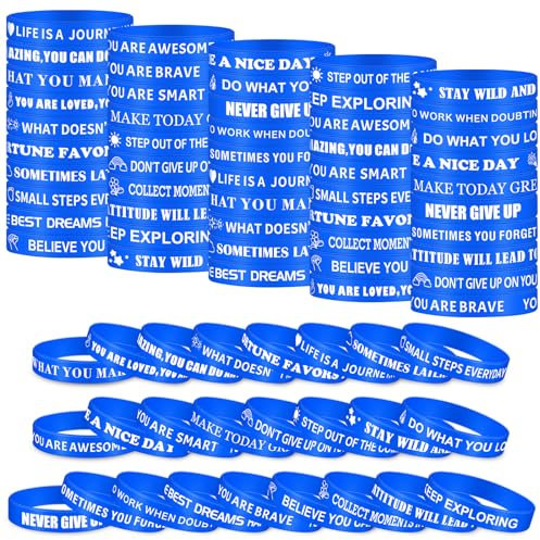 Luinabio 50 Pcs Motivational Quote Rubber Wristbands Inspirational Silicone Bracelets Stretch Silicone Wristbands Gifts Party Favor for Students Teens Adult Men Women(Blue)