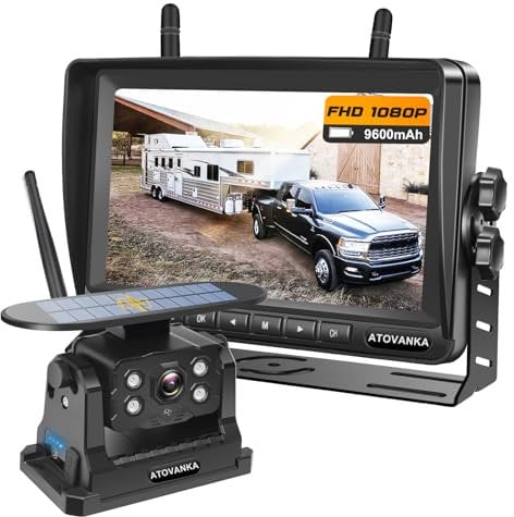 ATOVANKA Solar Kabellos Rückfahrkamera, Magnet Funk Rückfahrkamera mit 9600-mAh-Akku,7 Zoll 1080P Monitor Videoaufzeichnung, Montage ohne Bohren, IP68K Wasserdicht für LKW,Auto,Wohnmobil