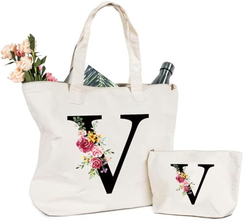 Tragetasche und Kosmetiktasche mit Initial, Canvas Einkaufstasche mit Reißverschluss, Personalisiert Initialen Baumwolltasche Geschenk für Freundin Frau Mama Schwester Geburtstag Hochzeit Muttertag V