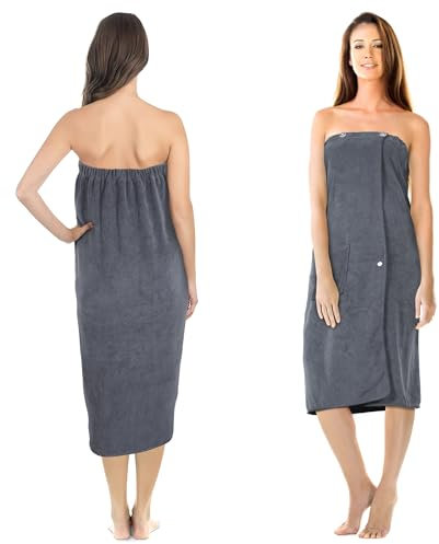 Jokisa Saunakilt Damen,Saunahandtuch mit Knöpfen–Saunatuch Damen aus 400 g/m² Mikrofaser, mit Taschen und Gummiband,Handtuchkleid Damen Geeignet für Sauna,Badezimmer,Schwimmbad (Gray)