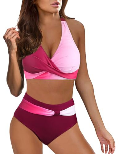 Women's Swimwear High Waistet Bikini Set V Neck Swimming Costume Sexy Ruched Tummy Control Bathing Suit Halter Wrapped Bikini Tops and Bottom 2 Piece Swimsuit Beachwear A01 Wine L
