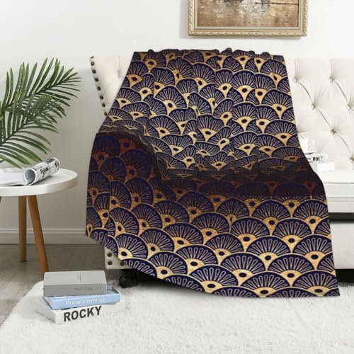 Decke, weiche Decke, Flanelldecke für Schlafzimmer, Sofa, Bettwäsche 152 x 102 cm,Art Deco Golden Blu Navy Muscheln