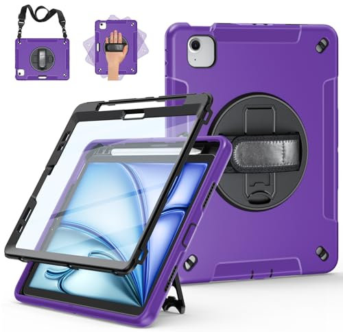 Miesherk Hülle für iPad Air 11 Zoll M2 2024 6. Generation: 3-Schichte robust stoßfest Case iPad Air 5/4 2022/2020-Displayschutzfolie-Stifthalter-Drehbarer Ständer-Handschlaufe-Schultergurt-Violett