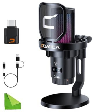 comica Microfono USB Wireless per Computer e Smartphone, Microfono da Gioco a Condensatore Cardioide RGB 48kHz/24bit per Podcasting, Streaming con Supporto da Tavolo-Nero (Uni PRO D)