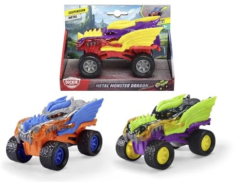 Dickie Toys - Metal Monster Dragon Auto (15 cm) - Drachen-Monstertruck ab 3 Jahre, Spielzeugauto für Kinder mit Rückzug, Federung & Gummireifen (3-Fach Sortiert, zufällige Auswahl)