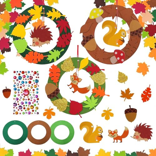 HUIKUANGEU Filz Kränze für Kinder,136 Stück Herbst Bastelset für Dekom,Herbst Kränze Bastelset, Herbst Kreativsets zum Basteln,Mit Igel EichhöRnchen Fuchsmuster