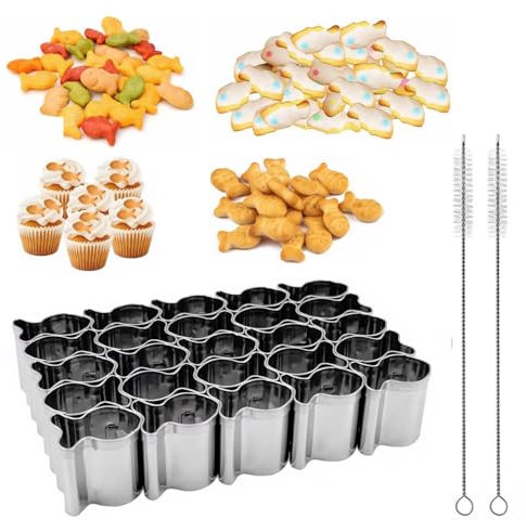 Stainless Steels Goldfish Cracker Cutter, 25 Cavity Fish Cookie Cutter, Goldfish Cookie Cutter, With 2 Cleaning Brushes for Make Fudge Fish Shape Vegetable Cooking
