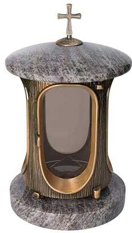 Grablaterne Granit Orion Höhe 23 cm/Ø 15 cm Stilvolle Granitlaterne Elegant Grablampe Grablicht Grableuchte Bronze mit sockel