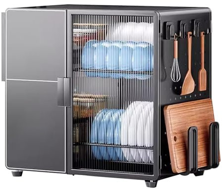 Meuble de rangement à vaisselle à 2 étages avec tiroirs et étagère à épices anti-poussière - Couleur noire