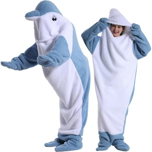 HULG Delphin Decke Hoodie, Kuscheldecke Mit Ärmeln Flauschig Wohndecke,Delphin Decken Kapuzenpullover,Delphin Overall Onesie, Delphin Tragbare Decke Für Erwachsene Und Kinder Geschenke
