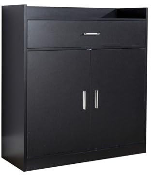 Home Source Shoe Cabinet, 2 Door 1 Drawer Storage, Compact Hallway Cupboard Organiser, Footwear Rack Stand, Wooden Sideboard, Black