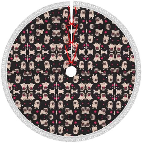 Niedlicher Mops-Weihnachtsbaumrock für Baumschmuck, Weihnachts-Partyzubehör, Urlaub, große Halloween-Quaste, Baummatte, Abdeckung, rustikale Dekoration, Lutscher-Ornamente