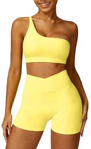 ABOCIW Workout-Sets für Damen, Crossover, hohe Taille, Biker-Shorts, eine Schulter, Sport-BH, 2-teilig, Fitnessstudio, Yoga-Outfits, gelb, Large